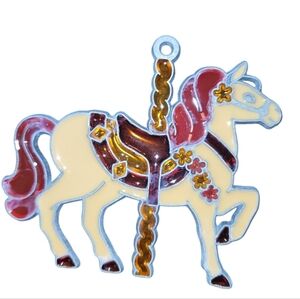 Vntg Handmade Stained Glass White Carousel Horse Red Mane Suncatcher Ornament